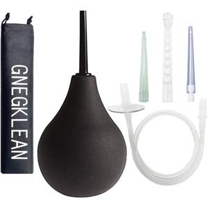 GNEGKLEAN Black Silicone Enema Bulb Kit 7.6oz Clean Anal Douche for Men Women with 19.7in Hose+4 Replaceable Nozzle (Black) (7 Piece Set)