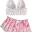 WDIRARA Women's 2 Piece Lingerie Pajama Sets Lace Bralette Striped Satin Shorts Pjs Nightwear L