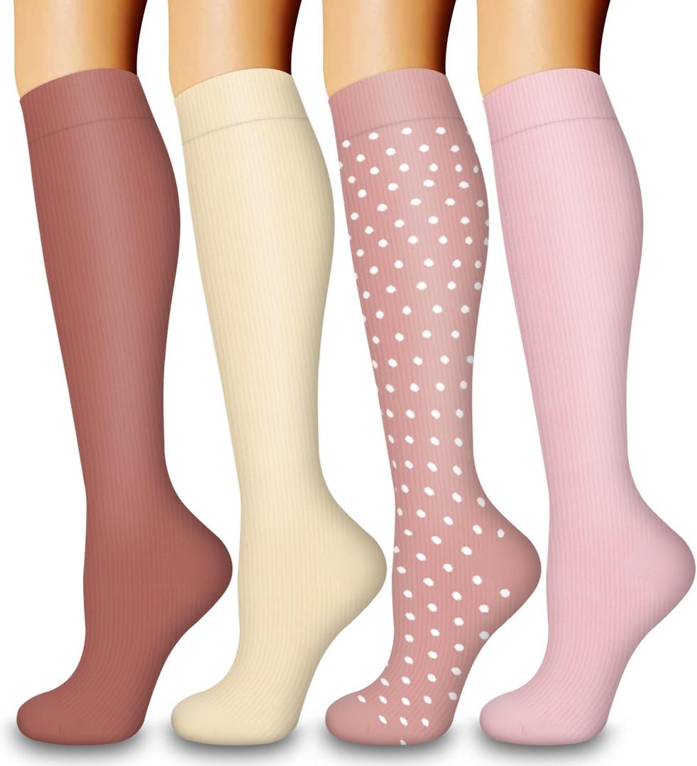 Laite Hebe 4 Pairs-Compression Socks for Women & Men Circulation-Best Support for Nurses, Running, Athletic (Small-Medium, 05-pink)