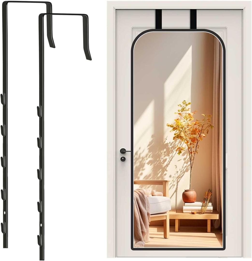 Over-The-Door Mirror Hanger, Adjustable Door Mirrors Hanger Set with Protective Lining, 2 Pcs Door Brackets Perfect Height and Fit (Mirror Not Included)-Black