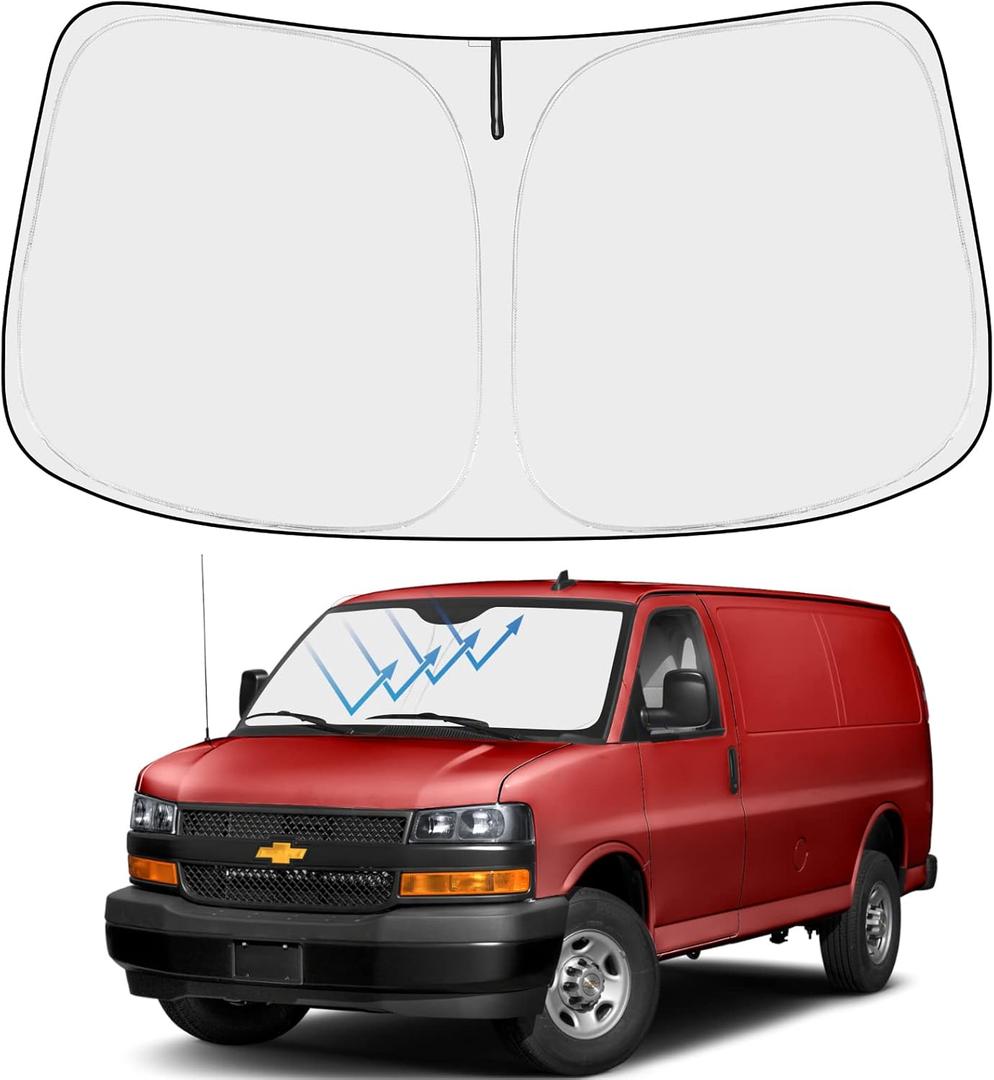 Proadsy Windshield Sun Shade Custom Fit 1996-2025 2026 Chevrolet Express Cargo Van, 1500, 3500, 4500 4-Layer Foldable Front Sunshade Protector Sun Visor Blocker Keep Car Cooler Accessories