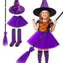 MISS FANTASY Toddler Witch Costume Halloween Witch Costume Accessories Girls Including Witch Hat and Broom Witch Purple Tutu Toddler Striped Witch Socks for 3-5 Kids Hocus Pocus Costume for Toddler