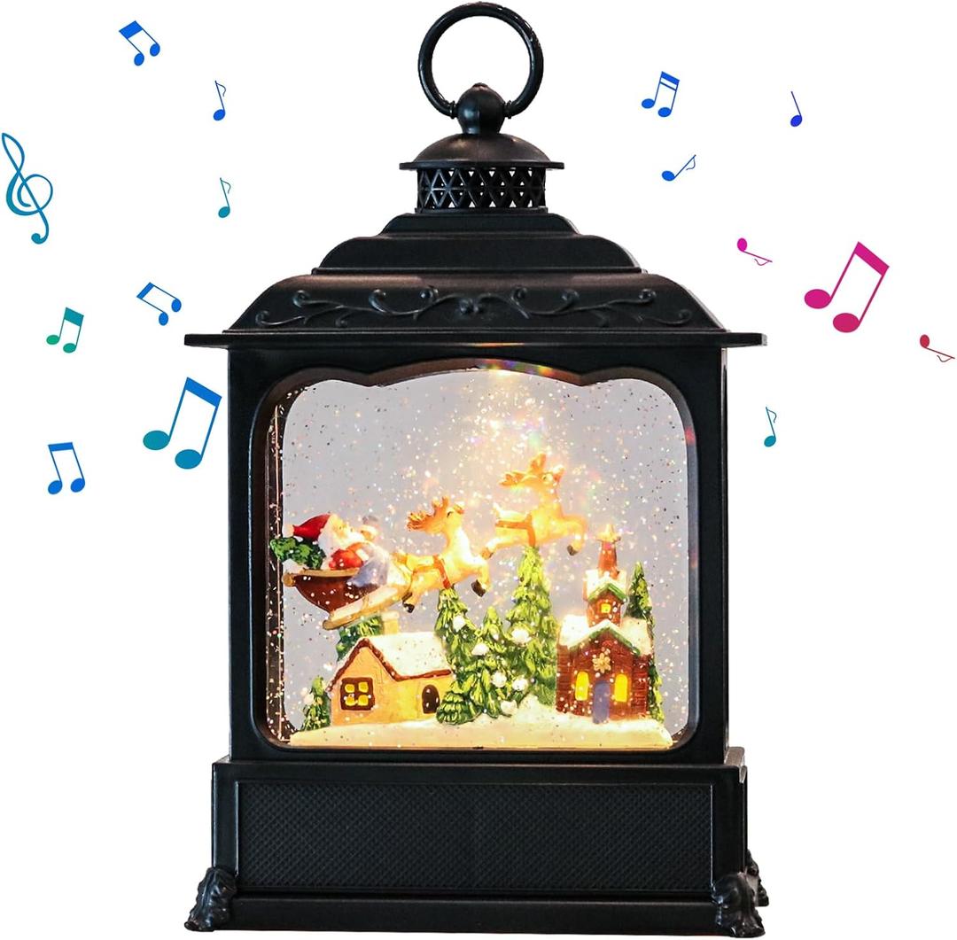 Christmas Snow Globe Swirling Glittering Santa Flying with Reindeer Scene with Timer & Music, Lighted Water Lantern USB Lined/Battery Operated for Christmas Festival Decoration Gifts