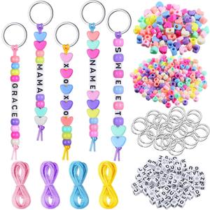 Landical 564 Pcs DIY Bead Keychain Kit Key Chain Making Craft Adjustable Letter Beads String Mama Sport Gift Alphabet Jewelry Accessories Holiday Party Favor for Adult(Heart, Dream Color)