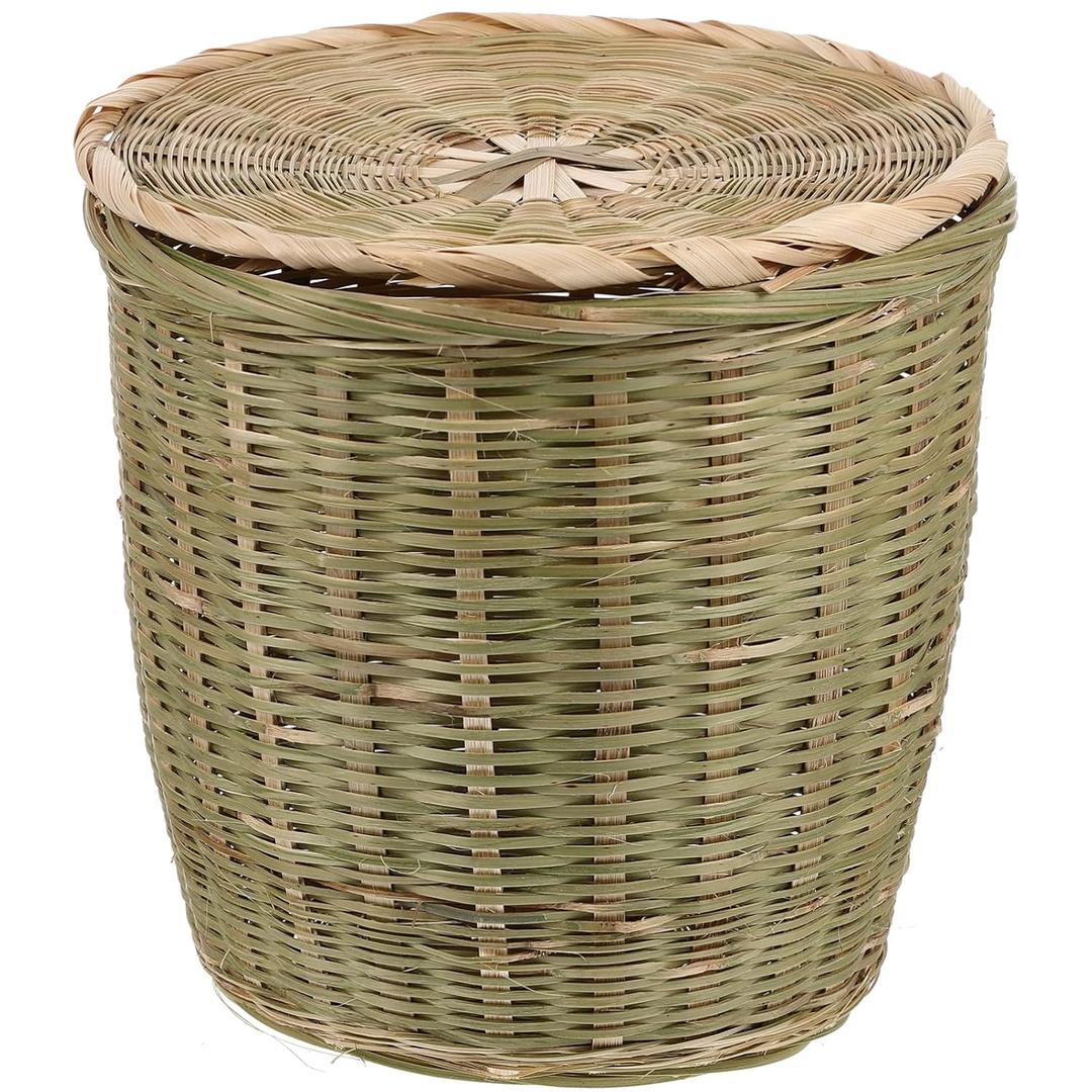 Rattan Waste Basket with Lid Round Wicker Trash Can Garbage Container Bin Laundry Basket Pots Woven Storage Basket for Home Office