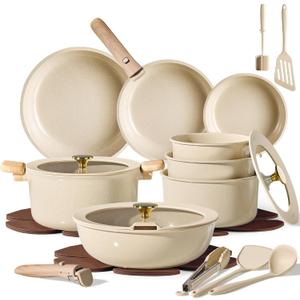 CAROTE 25PCS Ceramic Cookware Set, Pots and Pans set Non Stick, RV Kitchen Cooking Set Removable Handles, Oven Safe, Induction Cookware, Non-toxic Kitchen Cooking Set, PFAS and PFOA Free (Oatmeal)