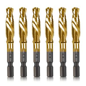 6-pc 1/4-20NC Combination Drill Tap Bit Set SAE, 1/4" UNC-20 Thread Size, Titanium Coated High-Speed Steel, Ideal for Drilling and Threading in Soft Metal Wood and Plastic, 1/4 Hex Shank