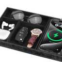 Valet Tray with Wireless Charger, Nightstand Organizer for Men, EDC Catchall Tray for Keys, Watch, Wallet, Jewellery, Premium Vegan Leather, Bedside Caddy, Stylish and Organized, PU Black