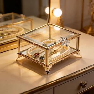 DHCGPP Glass Vintage Jewelry Box Keepsake storage Trinket Ring Display Box Home Decor Beveled Clear Glass Box Organizer(4.3x4.3x3.5Inches)