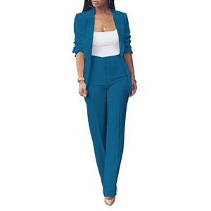 Husifang Womens Fall Fashion 2 Piece Blazer Sets Open Front Blazers and Slim Fit Pants Suits Set, Blue Green 
