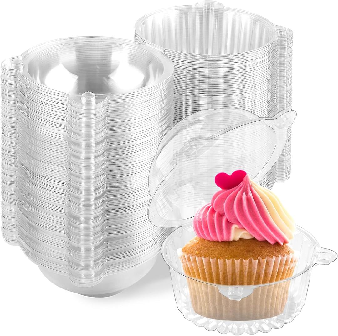 Zezzxu 100 Pack Individual Cupcake Containers, Clear Plastic Cupcake Holders with Dome Lids, Single Cupcake Carriers for Cupcakes, Hot Cocoa Bombs, Muffins, Pastries