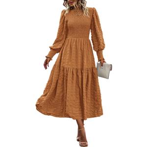 PRETTYGARDEN Women 2026 Spring Puff Long Sleeve Crewneck Smocked Maxi Dress Empire Waist Tiered A-line Swing Flowy Long Dress (XL)