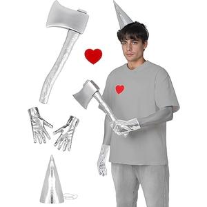 POEWAUVE Halloween Costume Accessories Silver Funnel Hat Axe Heart Brooch Silvery Gloves Set Halloween Costume Accessories for Man Women Cosplay Party 
