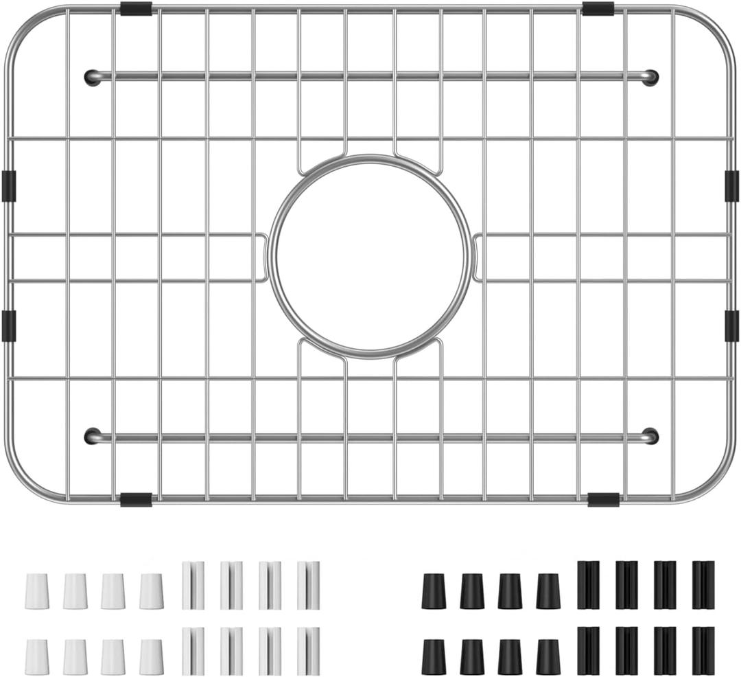 Sink Grid 18" X 12-1/2", Centered Drain with Corner Radius 1-1/2",304 Stainless Steel Material UPGRADED FOOT PADS, LESS PRONE TO WATER ACCUMULATION.