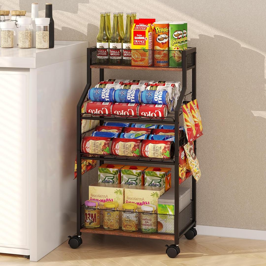 Can Organizer for Pantry - Rolling Snack Cart, Multi-Layer Soda Can Organizer for Pantry, Mobile Beverage Storage Rack with Wheels, Versatile Metal Shelf for Kitchen and Office, Black Brown (Black Brown)