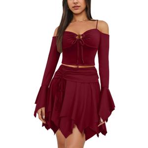 Ophestin Womens Y2K Fairy Dress Off Shoulder Handkerchief 2 Piece Skirts Set Fairycore Halloween Dress (Small, Burgundy) Ophestin Womens Y2K Fairy Dress Off Shoulder Handkerchief 2 Piece Skirts Set Fairycore Halloween Dress (Small, Burgundy)