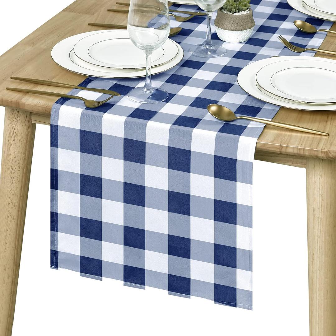 Hiasan Buffalo Plaid Table Runner, Classic Farmhouse Tabletop Collection, Waterproof Table Runner for Kitchen Dining, Banquet, Restaurant, Outdoor Use, 14W x 60L, Navy Blue and White, 1 Piece