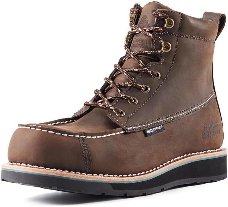 Golden Retriever 6'' Work Boots for Men, Full Grain/Crazy Horse Leather, Composite/Soft Moc Toe, Waterproof EH Safety Boots, Coolmax Insole Work Boots, Oil & Slip Resistant Wedge Outsole G6155-G6355 (Brown, Men's 14 Wide)