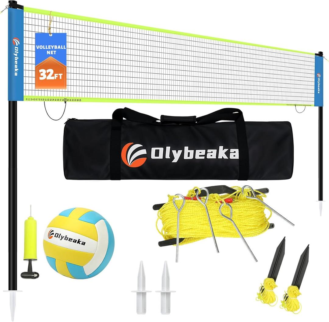 32ft Regulation Size Portable Outdoor Volleyball Net Set System for Backyard Beach with Height Adjustable Poles, PU Volleyball and Pump, Carry Bag, Boundary Line - Easy Set Up & Anti-Sagging (Blue and Green)