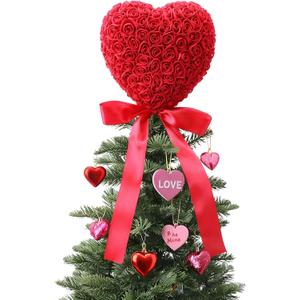 Soulchen Valentine Day Tree Topper 11.8 Inch Heart Tree Topper with Bow Rose Valentines Trees Ornaments Decorations for Valentine's Day Wedding Holiday Party Supplies(Red)