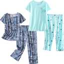 PNAEONG 2 Pack Women's Cotton Pajama Sets Short Sleeve Sleepwear Tops with Capri Pants Summer Loungewear Pj Sets S-3XL