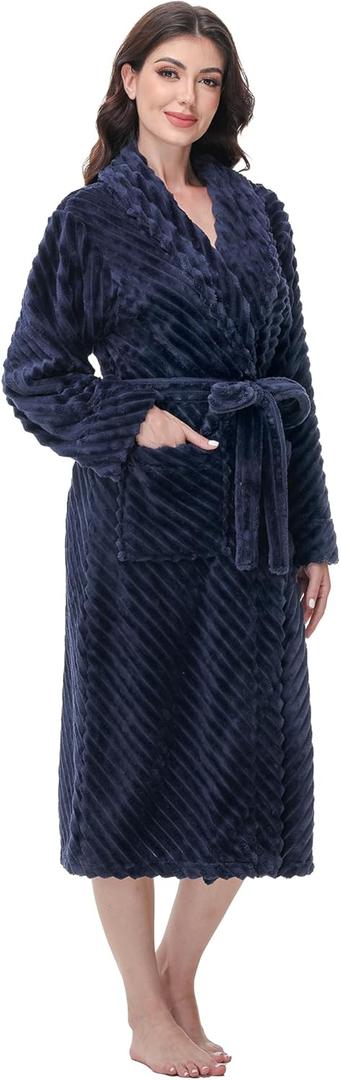 Yurhap Premium Robes for Women - Super Soft Cozy Fleece Womens Robe Plush Long Bathrobe (Large-X-Large, Navy Blue)