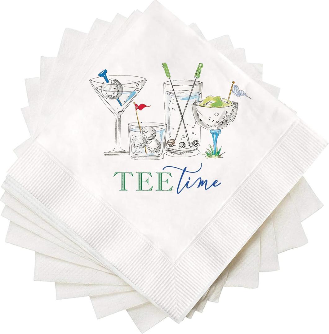 Tee Time Golf Cocktail Napkins 50 Pack, Funny Golf-Themed Party Supplies, 2-Ply Disposable Napkins for Retirement, Birthday, or Tournament Celebration 5 x 5 Inches
