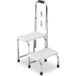 Kigley Adjustable Step Stool with Handle and Non Skid Platform 2 Steps Medical Foot Stool Multi Functional Step Ladder Heavy Duty Holds 300 Lbs Easy Installation Bed Stairs for Adults Elderly Handicap