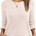 AUTOMET Womens 3/4 Sleeve Tops T Shirts Summer Sweater Round Neck Casual Top Ladies Tops Business Casual Blouses (Beige, S)