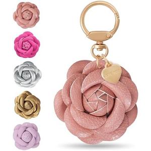 ANHBKAR Leather Rose Heart Keychain Charm for Women, Girls - Cute Pink Floral Accessory for Purse, Bag & Backpack (LIGHT PINK)