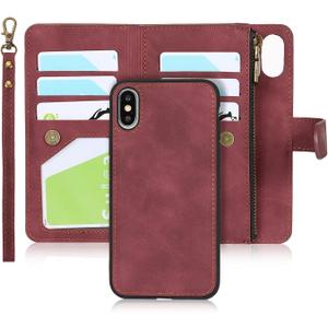 iCoverCase for iPhone X/XS Wallet Case with Card Holder and Wrist Strap, PU Leather Kickstand Card Slots Zipper Pocket Magnetic [Detachable] Flip Cover Case 5.8 Inch (Claret)