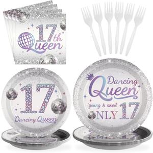 Grencian 96 Pcs Dancing Queen 17th Birthday Party Supplies Dancing Queen 17th Paper Plates and Napkins Disposable Silver Disco Party Tableware Set for Girls 17 Year Old Birthday Decorations Serves 24