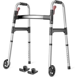 HOMLAND Folding Walkers for Seniors with Wheels, Lightweight Rolling Walker, Height Adjustable Standard Walker with Aluminum Frame, Silver
