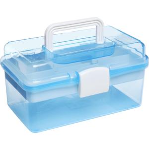 MyGift 10 Inch Plastic Storage Box with Removable Tray, Blue Craft Organizer and Art Storage Box, Multipurpose Storage Container for Tools, Playdoh, Bead, Sewing, Medicine, Tackle, Art Supply