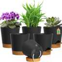 WSMKSZ 4 inch Self Watering Pots for Indoor Outdoor Plants, 6 Pack Plastic Flower Planters with Drainage Holes and Removable Saucers, Plant Pots with Wicking Rope, Modern Decor, Black Brown