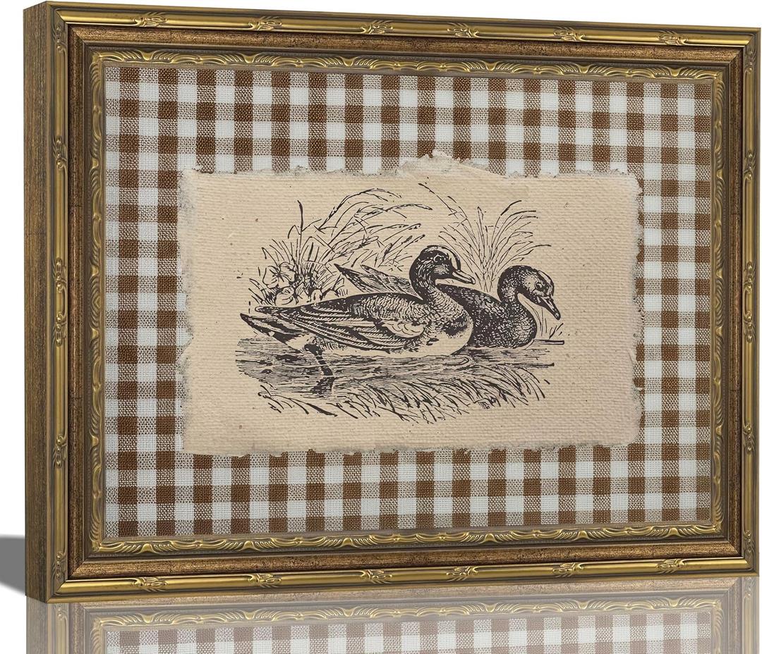 Vintage Gold Framed Wall Art Vintage Duck Wall Art Rustic Farmhouse Brown Gingham Duck Wall Decor Picture Country Cottage Illustration Poster Print Artwork for Living Room Bedroom 9x11in