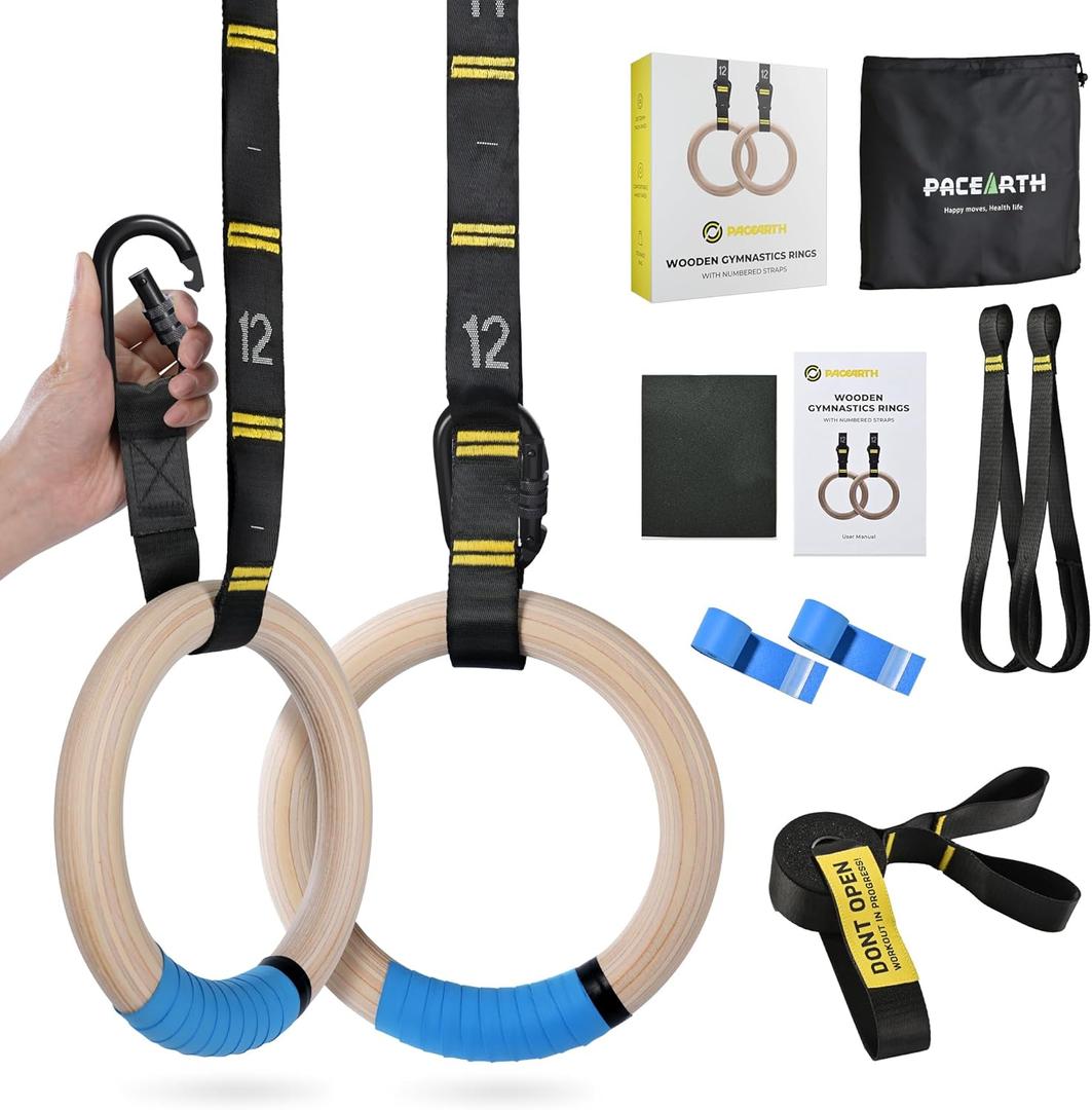 PACEARTH Gymnastics Rings 32mm Wooden Olympic Rings Support 1500lbs Locked Carabiners 9ft Double-Layer Numbered Straps Non-Slip Gym Rings with Foot Straps Door Anchor for Home Gym Full Body Workout