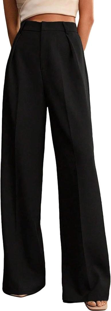 Womens Wide Leg Pants High Waist Straight Work Pants Office Business Casual Palazzo Trousers with Pockets (Black, L)
