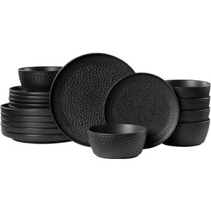 KINGSTONE Ceramic Dinnerware Set, 18-Piece Porcelain Plates and Bowls Set for 6, Matte Black or White, Hammered Texture, Microwave, Dishwasher & Oven Safe, Perfect for Home, Weddings & Gifts