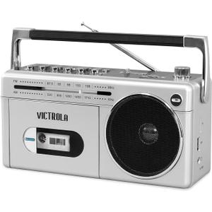 Victrola VBB-25-SLV Mini Bluetooth Boombox with Cassette Player, Recorder and Am/FM Radio, Silver