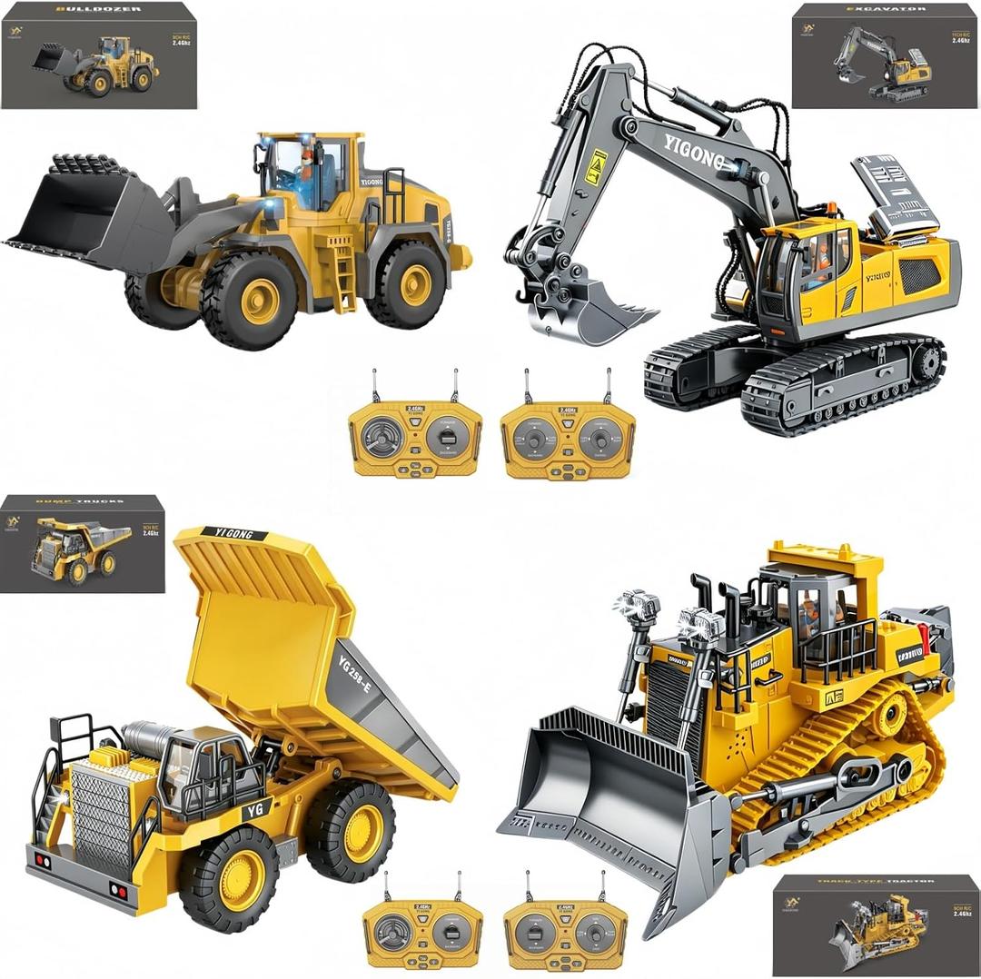 2.4GHz Remote Control Construction Vehicles Set, RC Excavator Dump Truck Loader Bulldozer with Lights and Sound Effects
