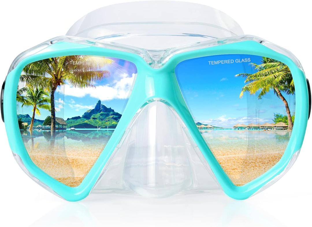Snorkel Diving Mask Panoramic HD Swim Mask, Anti-Fog Scuba Diving Goggles,Tempered Glass Dive Mask Adult Youth Swim Goggles with Nose Cover for Diving, Snorkeling, Swimming (Lake Green)