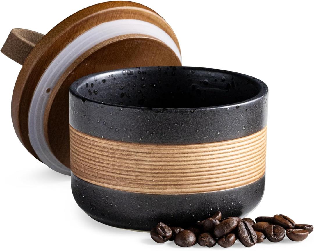 Miamolo Small Ceramic Jar with Lid, Coffee Container Kitchen Food Storage Jars for Spice Sugar Tea Bag Matcha Container Airtight, Stacairtightkable Decorative Jars for Countertop, Black & 5 fl.oz
