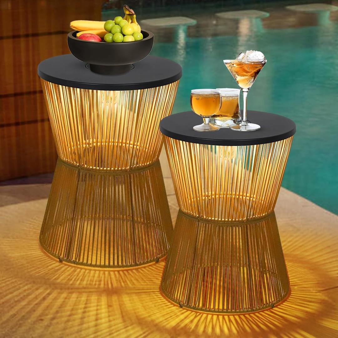 HMVPL Solar Outdoor Side Table with Dimmable Light, Patio Side Tables for Outside, Round Outdoor End Tables Set of 2, Plastic Rattan Patio End Accent Table for Poolside Backyard Gazebo, Dusk to Dawn, 13 inches x 13 inches x 17 inches
