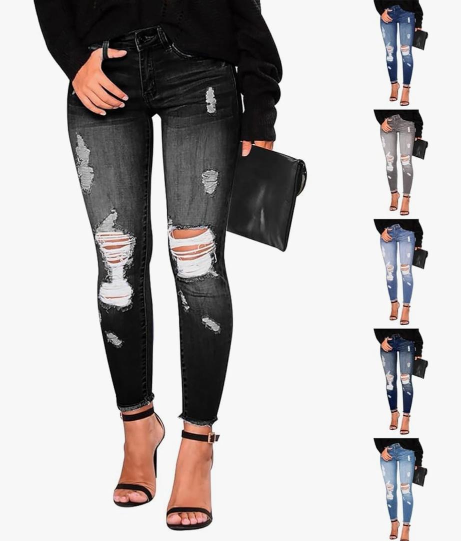 lcyhony Ripped Jeans Womens Stretchy Skinny Boyfriend Distressed High Waisted Jeans Y2k Tummy Control Leggings with Pockets, Size 10