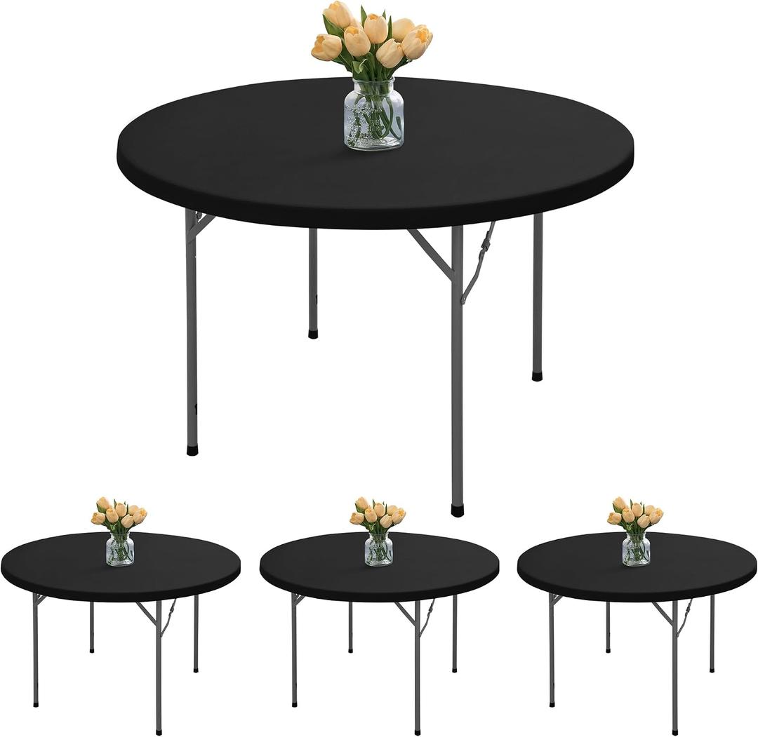 Round Fitted Tablecloth with Elastic - 4 Pack Round Table Covers 60 Inch, Black Non-Slip Circle Table Protector for Outdoor Picnic, Indoor Dining, Party, Banquet, Black, 60 Round, 4 Pac