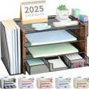 OPNICE Desk Organizer, 4Tier Desktop File Organizer with Drawer and 2 Pen Holders, Office Desk Accessories, File Sorters, Workspace Organizers for Office Supplies(Brown Wood)