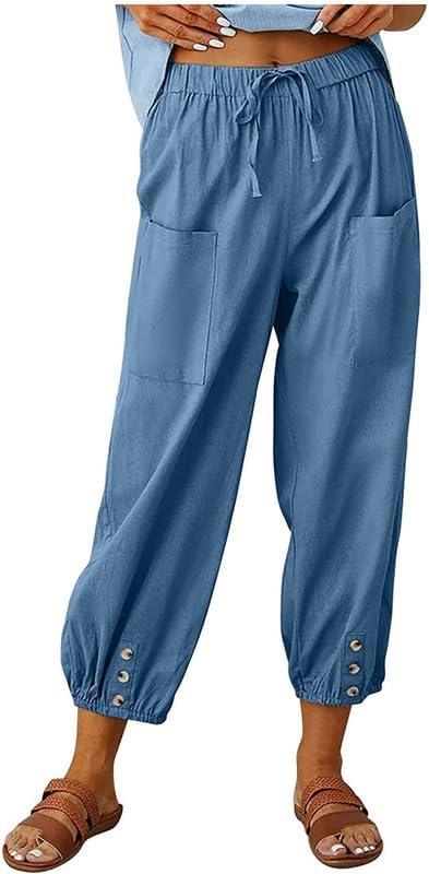Womens Capri Pants Cotton Linen Cropped Trousers Summer Wide Leg Drawstring High Waist Palazzo Pants with Pockets (Blue, M)