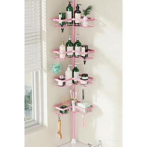 DAOYA Corner Shower Caddy Tension Pole - Pink - Rustproof Adjustable Bathroom Organizer Shelf for Shampoo, 25114.2 Inch Shower Rack for Renters, Apartments