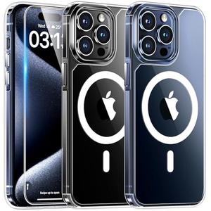 TAURI for iPhone 15 Pro Case, Compatible with MagSafe with Screen Protector, Anti-Yellowing Military-Grade Protection Shockproof Slim Magnetic Case for 15 Pro, Clear